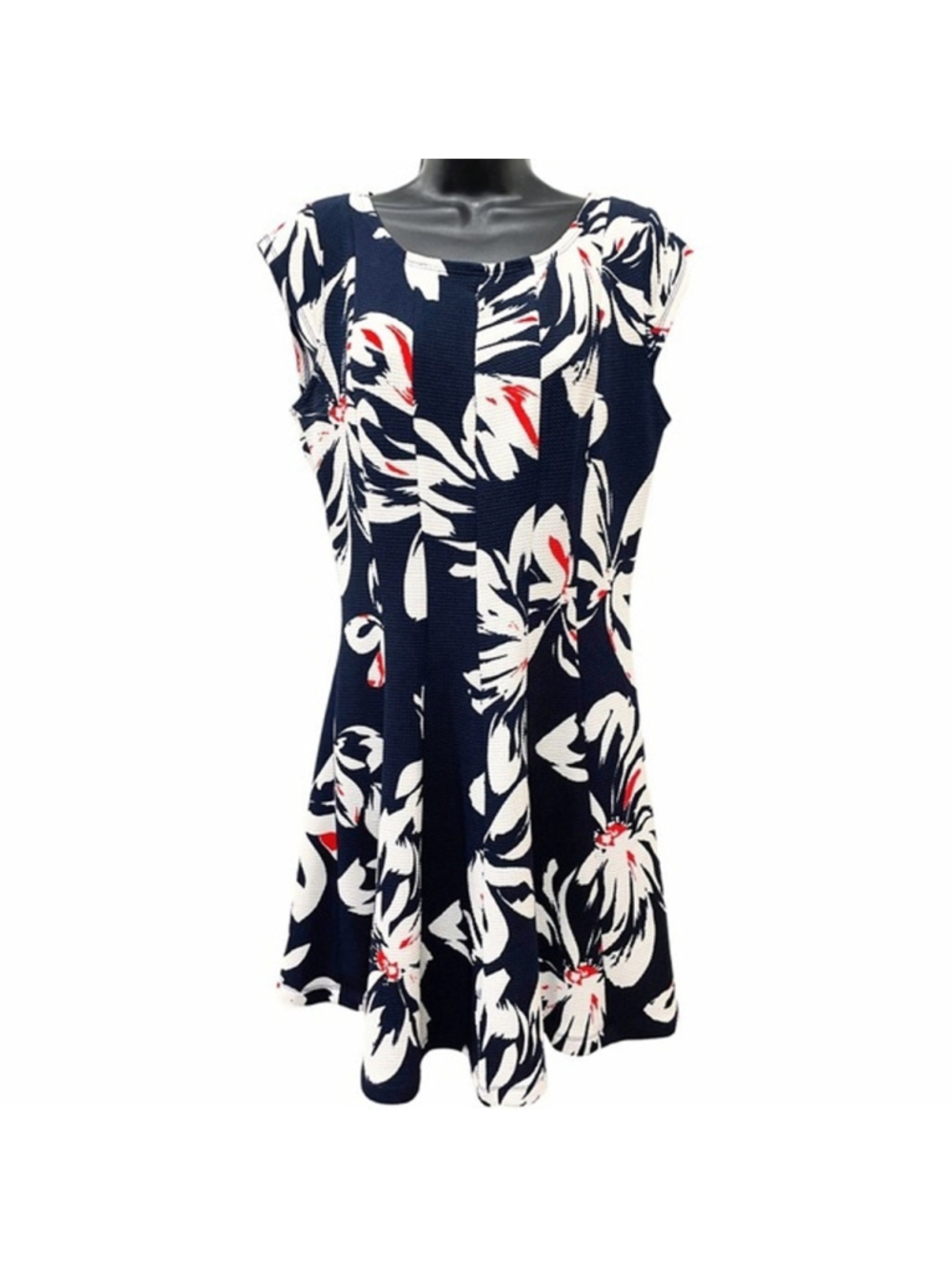 Robbie Bee Womens Size Med Dress Floral Fit Flare Cap Sleeve Flattering Navy Red